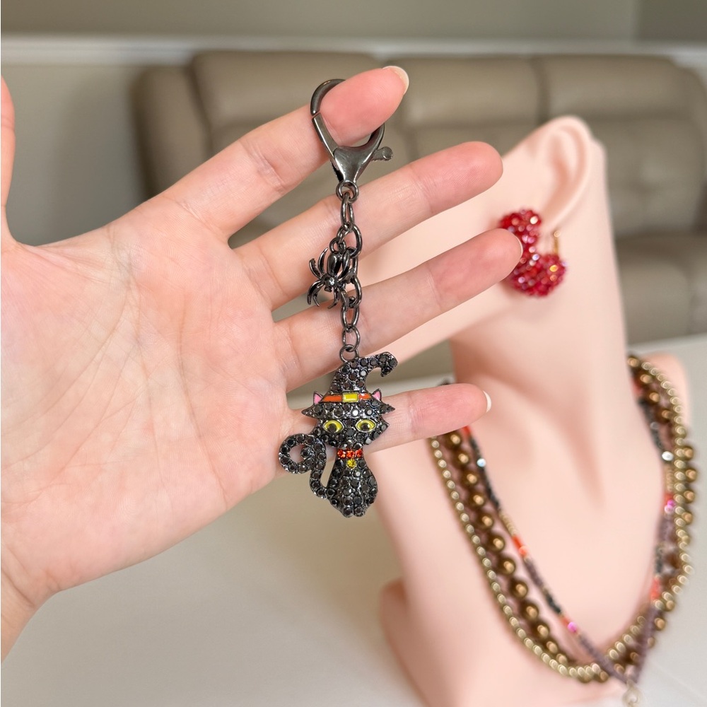 Black Crystal Cat Keychain Charm with Yellow Accent